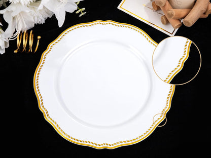 Gold Plastic Plates - White and Gold Disposable Dinnerware with Gold Rim, Heavy-duty, 10 inch, Dinner Plates for Party & Wedding