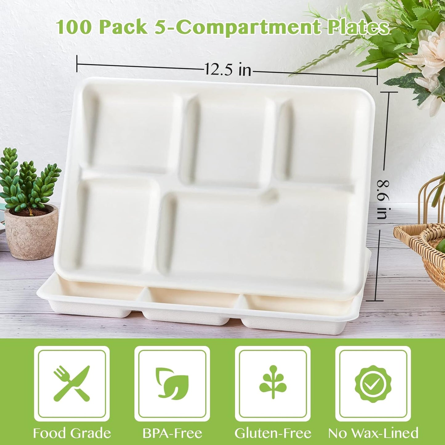 Compostable 5 Compartment Plates, 100 Pack Disposable Compartment Paper Plates, 12.5 * 8.6 inch Biodegradable Sugarcane Plates