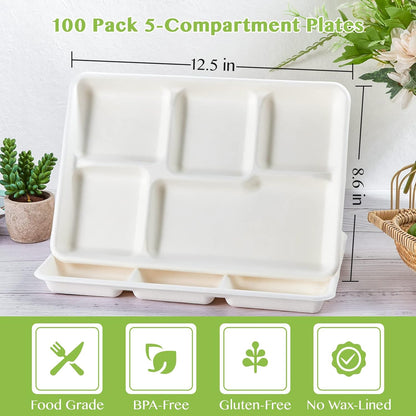 Compostable 5 Compartment Plates, 100 Pack Disposable Compartment Paper Plates, 12.5 * 8.6 inch Biodegradable Sugarcane Plates