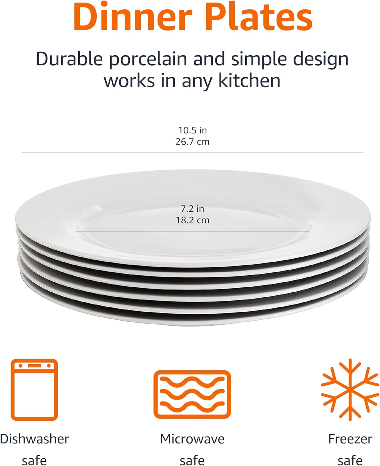 6-Piece White Dinner Plate Set, Microwave and Dishwasher Safe for Everyday Use, 10.5 inches
