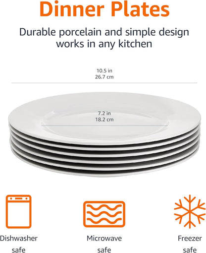 6-Piece White Dinner Plate Set, Microwave and Dishwasher Safe for Everyday Use, 10.5 inches