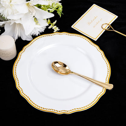 Gold Plastic Plates - White and Gold Disposable Dinnerware with Gold Rim, Heavy-duty, 10 inch, Dinner Plates for Party & Wedding