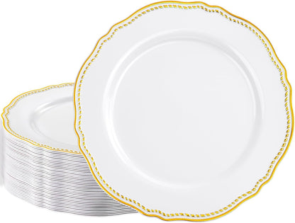 Gold Plastic Plates - White and Gold Disposable Dinnerware with Gold Rim, Heavy-duty, 10 inch, Dinner Plates for Party & Wedding