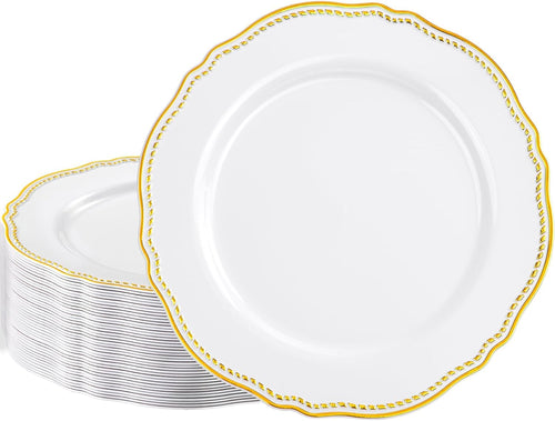 Gold Plastic Plates - White and Gold Disposable Dinnerware with Gold Rim, Heavy-duty, 10 inch, Dinner Plates for Party & Wedding