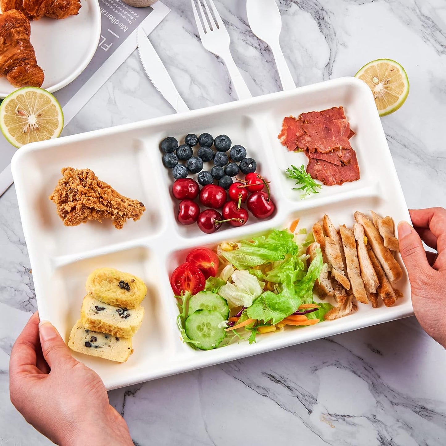 Compostable 5 Compartment Plates, 100 Pack Disposable Compartment Paper Plates, 12.5 * 8.6 inch Biodegradable Sugarcane Plates