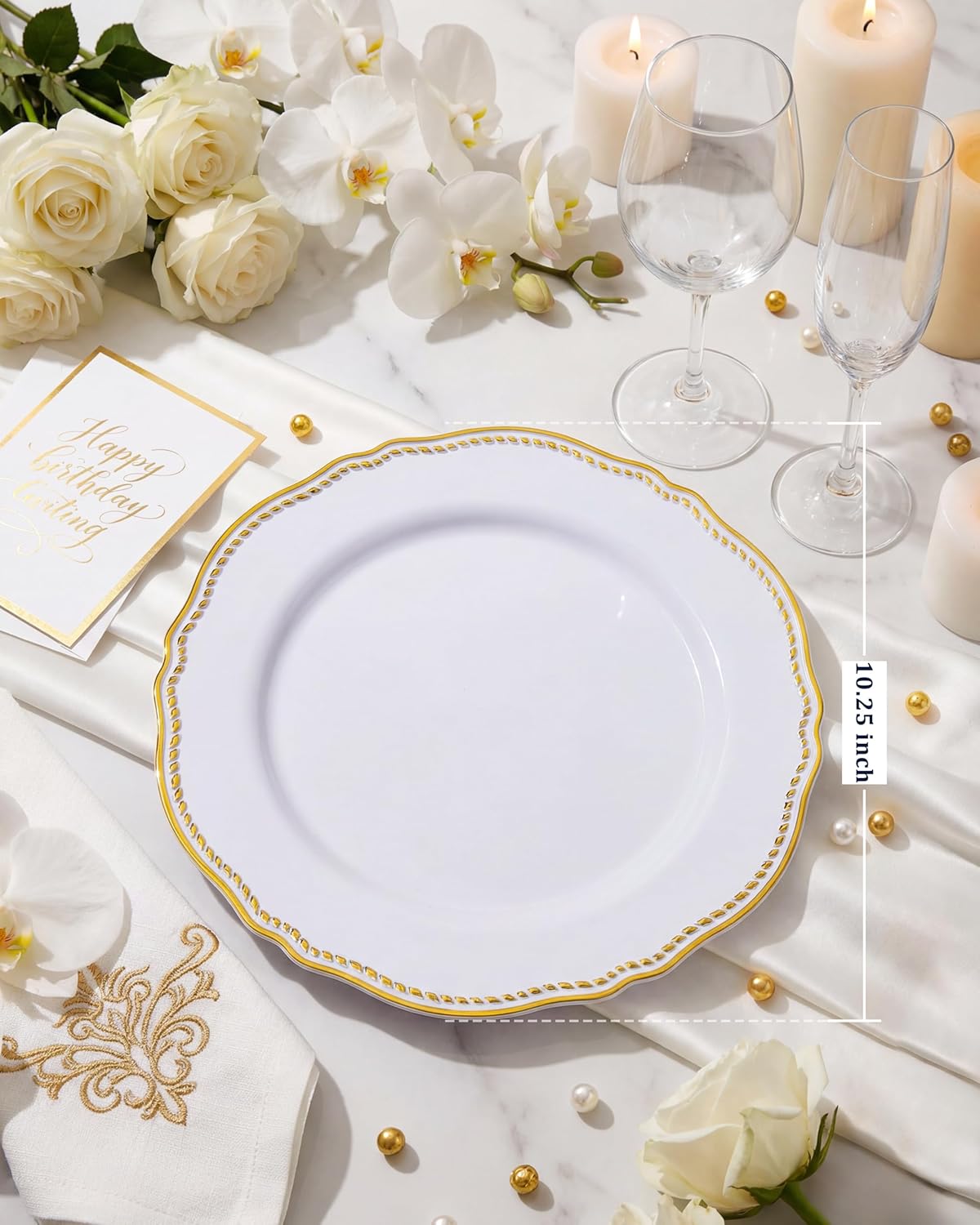 Gold Plastic Plates - White and Gold Disposable Dinnerware with Gold Rim, Heavy-duty, 10 inch, Dinner Plates for Party & Wedding