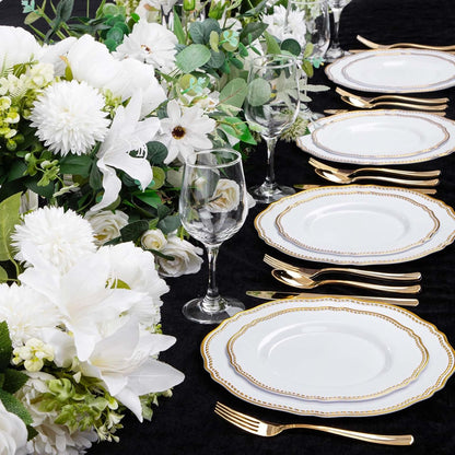 Gold Plastic Plates - White and Gold Disposable Dinnerware with Gold Rim, Heavy-duty, 10 inch, Dinner Plates for Party & Wedding
