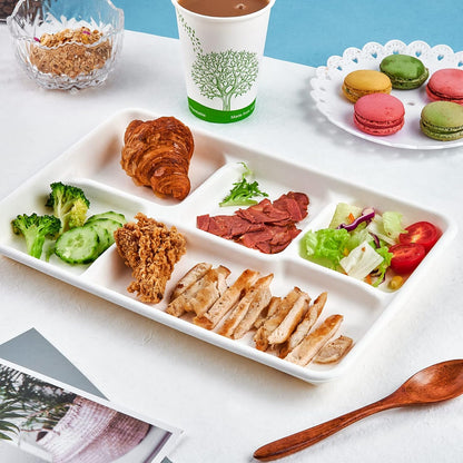 Compostable 5 Compartment Plates, 100 Pack Disposable Compartment Paper Plates, 12.5 * 8.6 inch Biodegradable Sugarcane Plates
