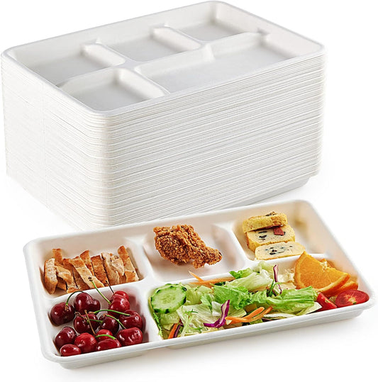 Compostable 5 Compartment Plates, 100 Pack Disposable Compartment Paper Plates, 12.5 * 8.6 inch Biodegradable Sugarcane Plates